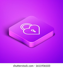 Isometric line Castle in the shape of a heart icon isolated on purple background. Locked Heart. Love symbol and keyhole sign. Purple square button. Vector Illustration