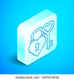 Isometric line Castle in the shape of a heart and key in heart shape icon isolated on blue background. Love symbol and keyhole sign. Silver square button. Vector Illustration