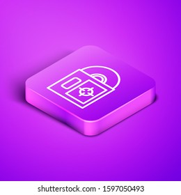 Isometric line CD or DVD disk in box icon isolated on purple background. Compact disc sign. Purple square button. Vector Illustration