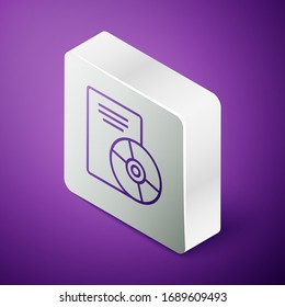 Isometrisches CD- oder DVD-Symbol einzeln auf violettem Hintergrund. Kompaktes Festplattenzeichen. Silberquadrat-Taste. Vektorillustration-Illustration