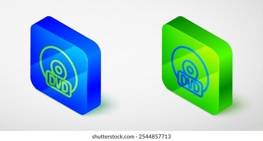 Isometrisches Linien-CD- oder DVD-Diskettensymbol, einzeln auf grauem Hintergrund. CD-Zeichen. Blauer und grüner quadratischer Knopf. Vektorgrafik