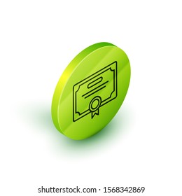 Isometric line Certificate template icon isolated on white background. Achievement, award, degree, grant, diploma. Business success certificate. Green circle button. Vector Illustration