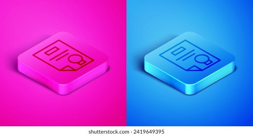 Icono de plantilla de certificado de línea isométrica aislado en fondo rosa y azul. Logro, premio, título, subvención, diploma. Botón cuadrado. Ilustración vectorial