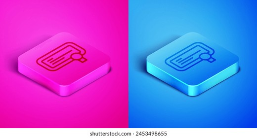 Isometric line Certificate template icon isolated on pink and blue background. Achievement, award, degree, grant, diploma concepts. Square button. Vector