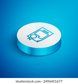 Isometric line Certificate template icon isolated on blue background. Achievement, award, degree, grant, diploma. Business success certificate. White circle button. Vector Illustration