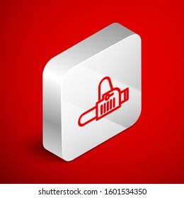 Isometric line Chainsaw icon isolated on red background. Silver square button. Vector Illustration