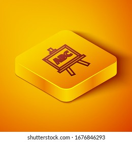 Isometric line Chalkboard icono aislado en fondo naranja. Cartel de la pizarra escolar. Botón cuadrado amarillo.  Ilustración vectorial