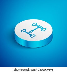 Isometric line Chassis car icon isolated on blue background. White circle button. Vector Illustration