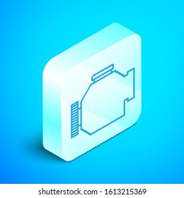 Isometric line Check engine icon isolated on blue background. Silver square button. Vector Illustration