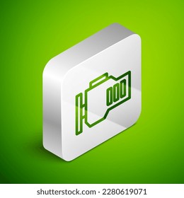 Isometric line Check engine icon isolated on green background. Silver square button. Vector