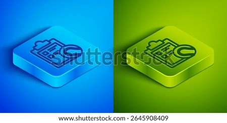 Isometric line Checklist clipboard and tennis ball icon isolated on blue and green background. Sport equipment. Square button. Vector Illustration