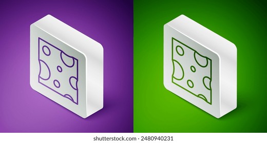 Línea isométrica Icono de queso aislado sobre fondo púrpura y verde. Botón cuadrado plateado. Vector