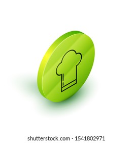 Isometric line Chef hat icon isolated on white background. Cooking symbol. Cooks hat. Green circle button. Vector Illustration