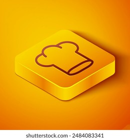 Isometric line Chef hat icon isolated on orange background. Cooking symbol. Cooks hat. Yellow square button. Vector