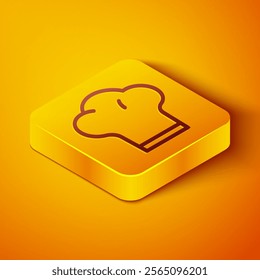 Isometric line Chef hat icon isolated on orange background. Cooking symbol. Cooks hat. Yellow square button. Vector