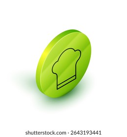 Isometric line Chef hat icon isolated on white background. Cooking symbol. Cooks hat. Green circle button. Vector