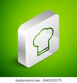 Isometric line Chef hat icon isolated on green background. Cooking symbol. Cooks hat. Silver square button. Vector Illustration