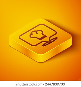 Línea isométrica Sombrero de chef con icono de ubicación aislado sobre fondo naranja. Símbolo de cocina. Sombrero de cocinero. Botón cuadrado amarillo. Vector