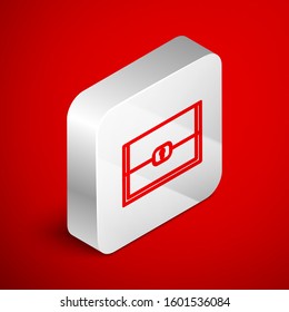 Isometric line Chest for game icon isolated on red background. Silver square button. Vector Illustration
