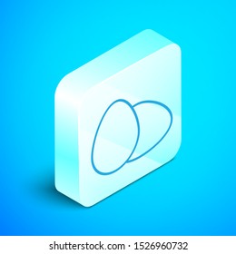 Isometric line Chicken egg icon isolated on blue background. Silver square button. Vector Illustration