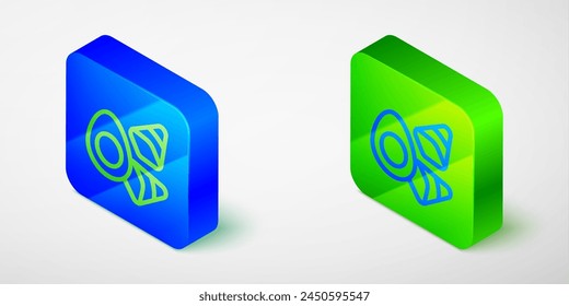 Isometrische Linie Hühnerei mit Gemüse-Symbol auf grauem Hintergrund isoliert. Blaues und grünes quadratisches Button. Vektorgrafik