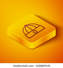 Isometric line Chinese hat icon isolated on orange background. Yellow square button. Vector Illustration