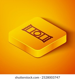 Isometric line Chocolate bar icon isolated on orange background. Yellow square button. Vector Illustration