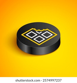 Isometric line Chocolate bar icon isolated on yellow background. Black circle button. Vector