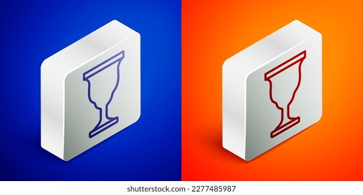 Isometric line Christian chalice icon isolated on blue and orange background. Christianity icon. Happy Easter. Silver square button. Vector