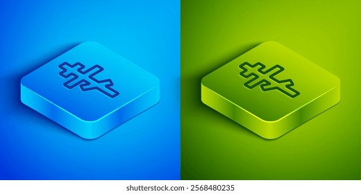 Isometric line Christian cross icon isolated on blue and green background. Church cross. Square button. Vector