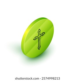 Isometric line Christian cross icon isolated on white background. Church cross. Green circle button. Vector Illustration