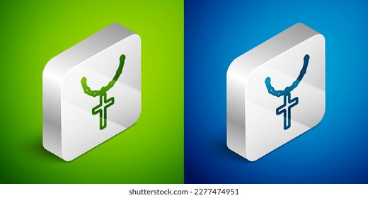 Isometric line Christian cross on chain icon isolated on green and blue background. Church cross. Silver square button. Vector