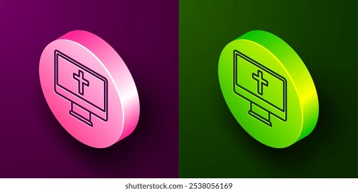 Isometric line Christian cross on monitor icon isolated on purple and green background. Church cross. Circle button. Vector