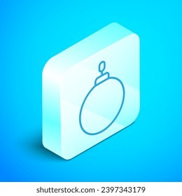 Isometric line Christmas ball icon isolated on blue background. Merry Christmas and Happy New Year. Silver square button. Vector