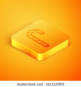 Isometric line Christmas candy cane with stripes icon isolated on orange background. Merry Christmas and Happy New Year. Orange square button. Vector Illustration