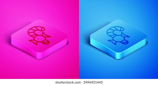 Isometric line Christmas candy cane with stripes icon isolated on pink and blue background. Merry Christmas and Happy New Year. Square button. Vector