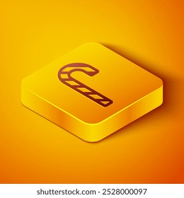 Isometric line Christmas candy cane with stripes icon isolated on orange background. Merry Christmas and Happy New Year. Yellow square button. Vector