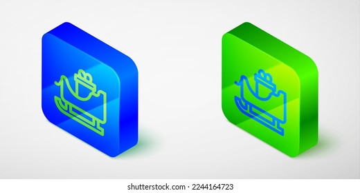 Isometric line Christmas santa claus sleigh with sack bag icon isolated on grey background. Merry Christmas and Happy New Year. Blue and green square button. Vector