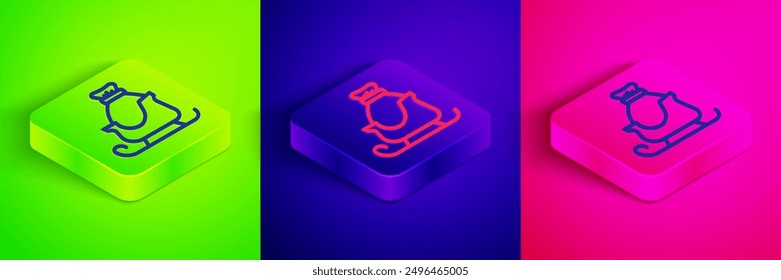 Isometric line Christmas santa claus sleigh with sack bag icon isolated on green, blue and pink background. Merry Christmas and Happy New Year. Square button. Vector