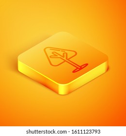 Isometric line Christmas tree icon isolated on orange background. Merry Christmas and Happy New Year. Orange square button. Vector Illustration