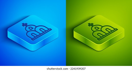 Isometric line Church building icon isolated on blue and green background. Christian Church. Religion of church. Square button. Vector