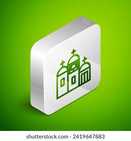 Isometric line Church building icon isolated on green background. Christian Church. Religion of church. Silver square button. Vector Illustration