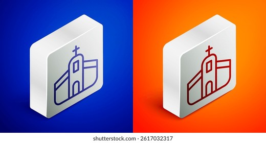 Isometric line Church building icon isolated on blue and orange background. Christian Church. Religion of church. Silver square button. Vector