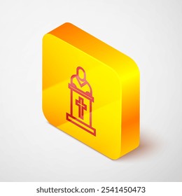 Isometric line Church pastor preaching icon isolated on grey background. Yellow square button. Vector Illustration