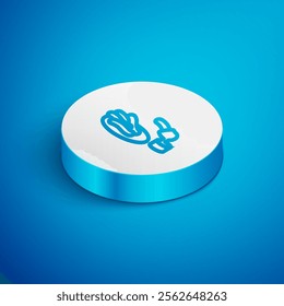 Isometric line Churros and chocolate icon isolated on blue background. Traditional national Spain dessert, European street food. White circle button. Vector