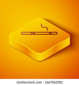 Isometric line Cigarette icon isolated on orange background. Tobacco sign. Smoking symbol. Yellow square button. Vector Illustration