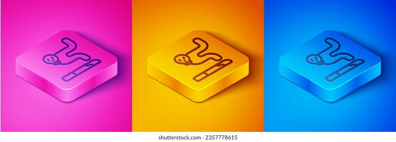 Isometric line Cigarette icon isolated on pink and orange, blue background. Tobacco sign. Smoking symbol. Square button. Vector