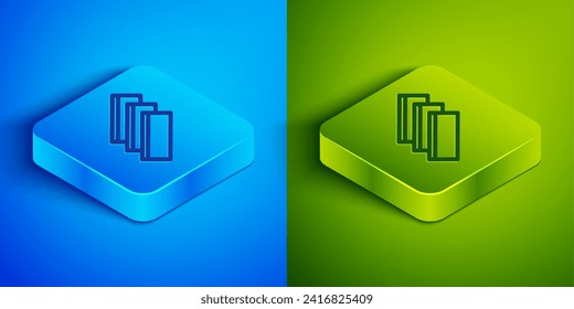 Isometric line Cigarette rolling papers pack icon isolated on blue and green background. Square button. Vector