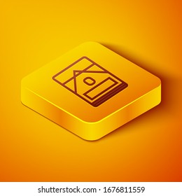 Isometric line Cigarettes pack box icon isolated on orange background. Cigarettes pack. Yellow square button. Vector Illustration
