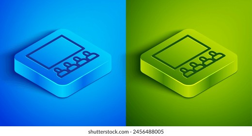 Línea isométrica Auditorio de cine con icono de pantalla aislado sobre fondo azul y verde. Botón cuadrado. Ilustración vectorial